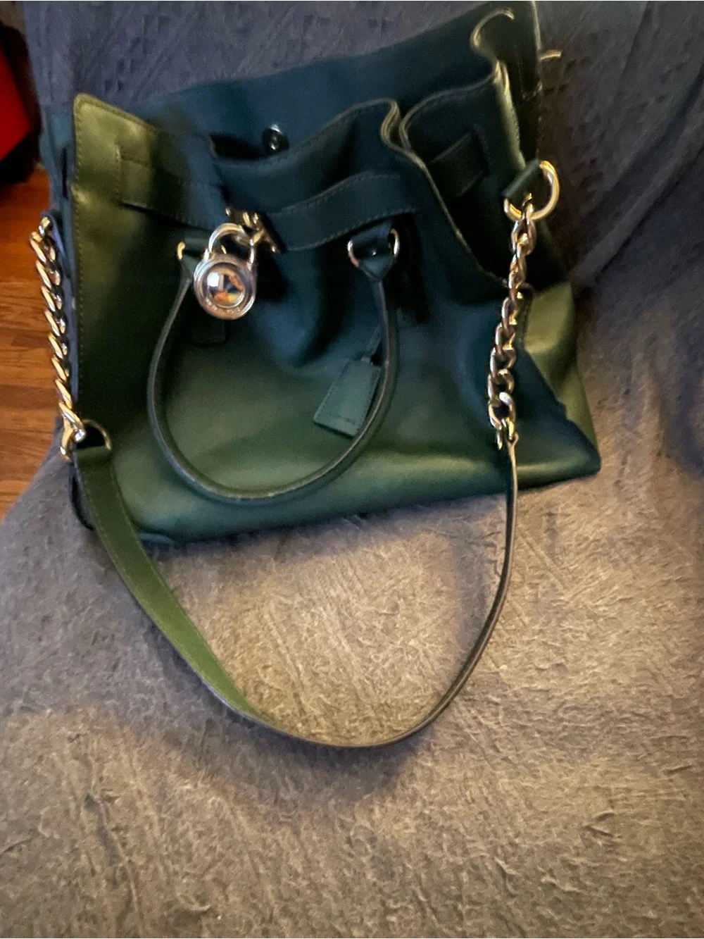 Michael Kors Forest Green Leather Shoulder Bag with Gold Chain